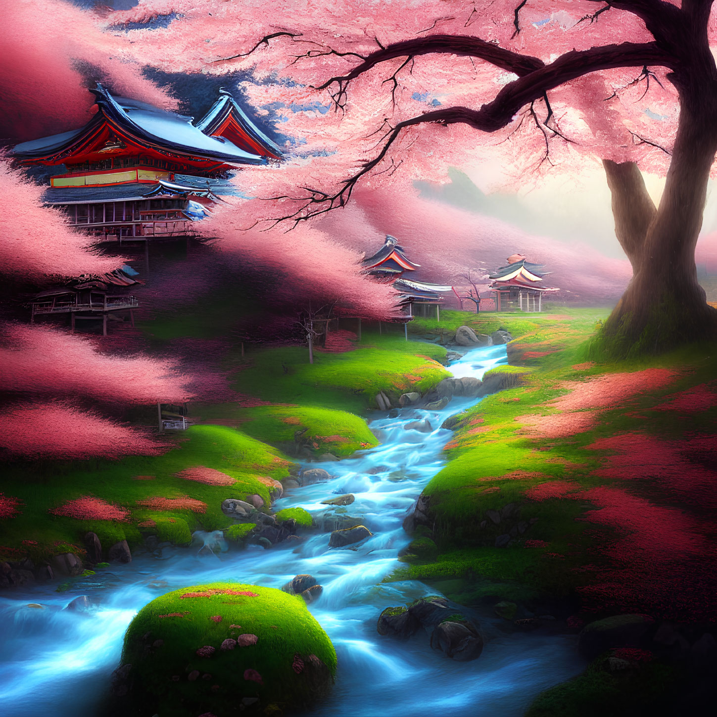 Tranquil landscape with pagodas, stream, cherry blossoms, and mossy rocks