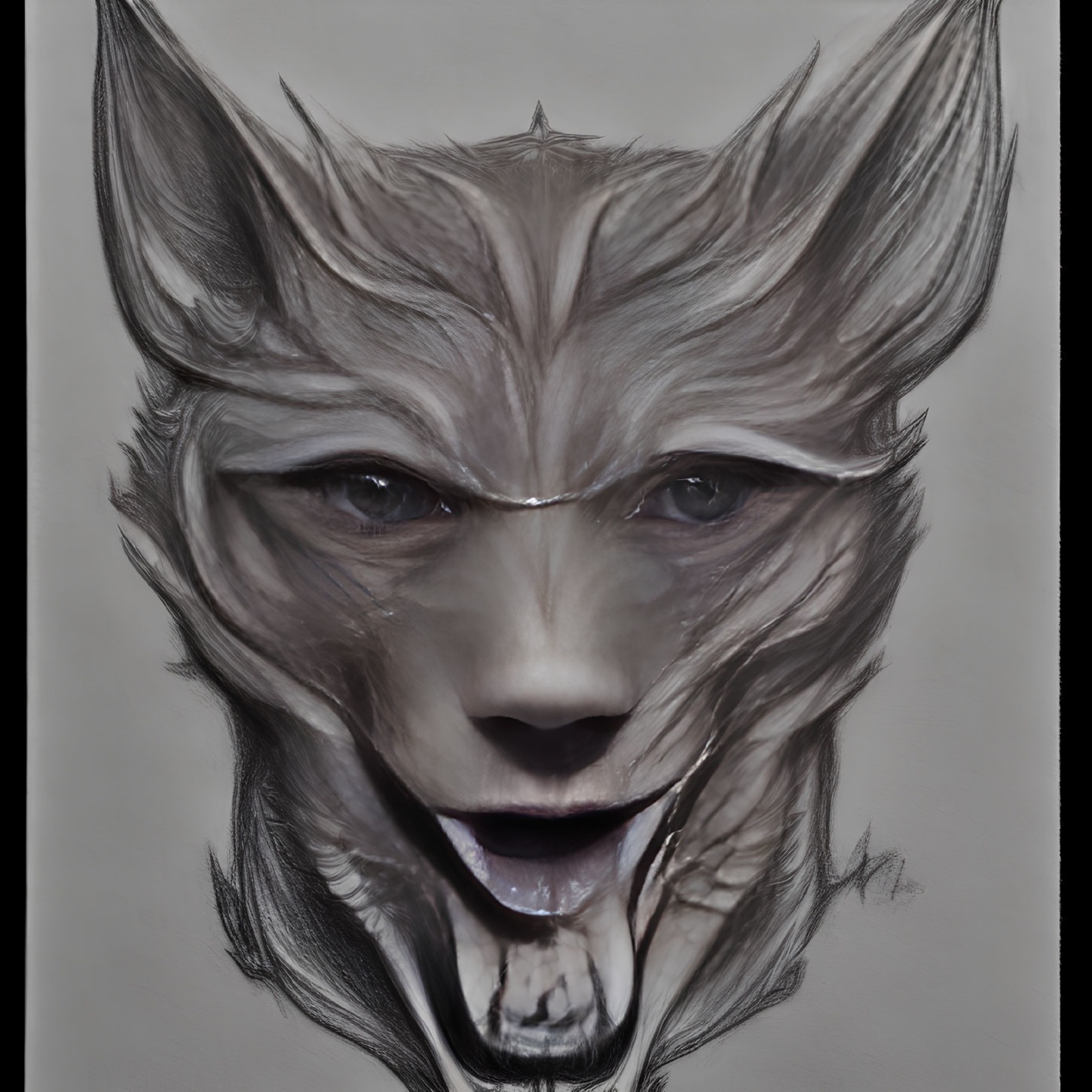 Monochromatic digital artwork: humanoid with wolf-like facial features