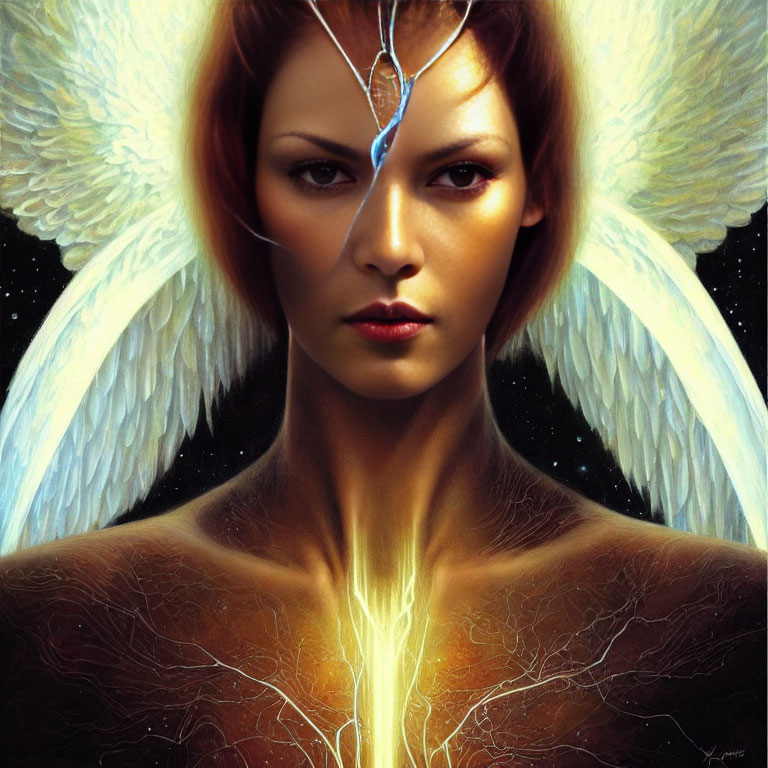 Female figure with white angelic wings and glowing light on dark cosmic background