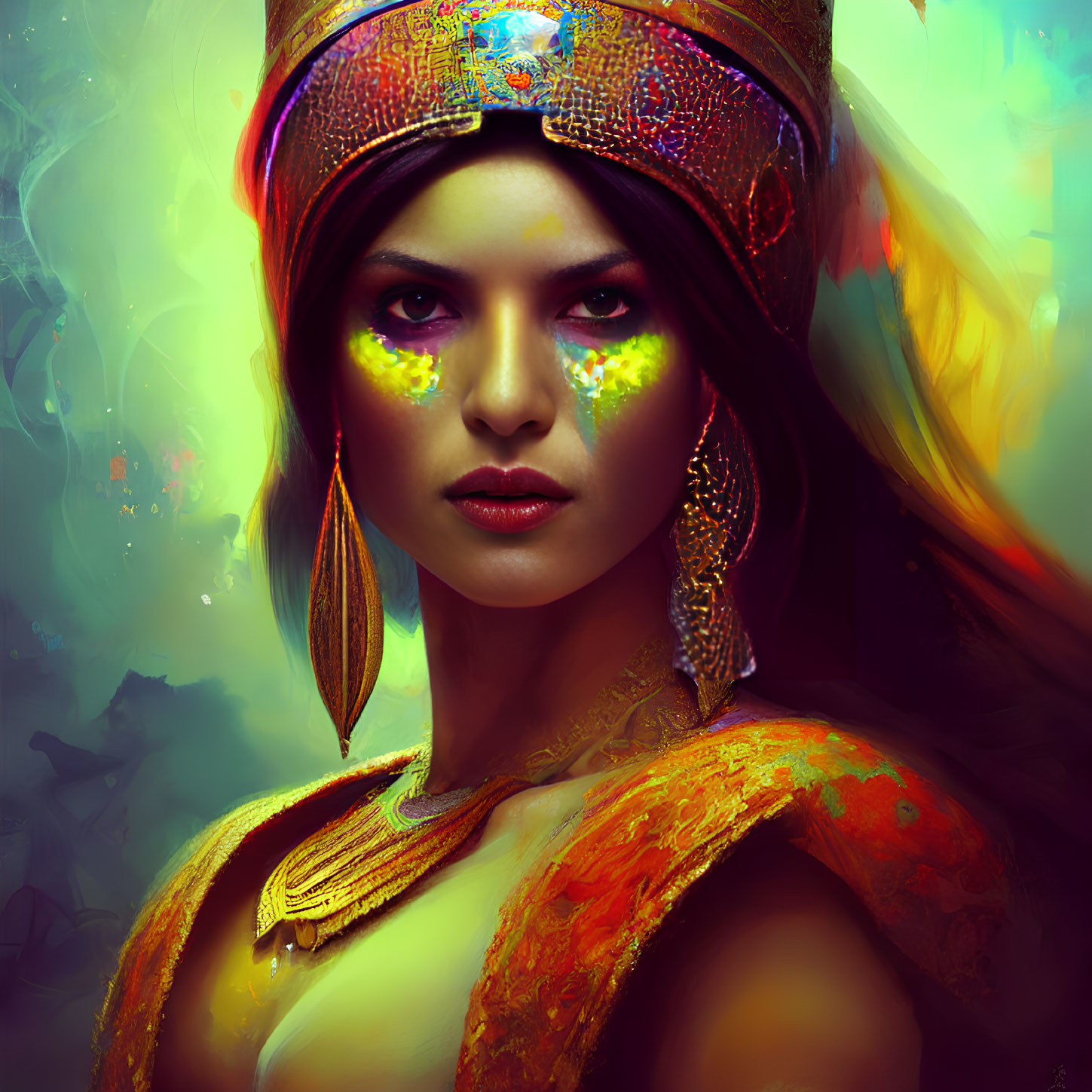 Woman with Yellow Eyes and Tribal Face Paint in Digital Portrait