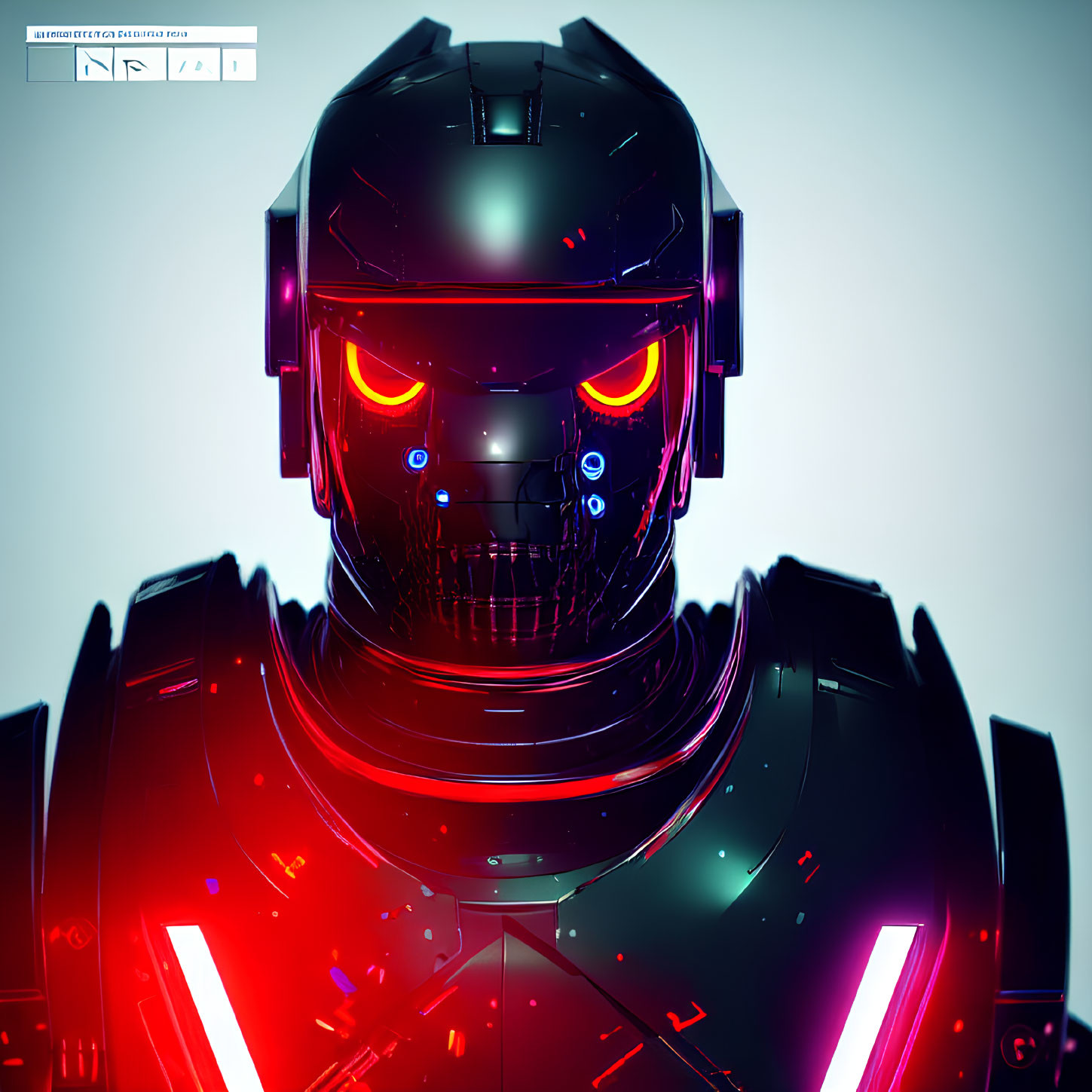 Menacing robot with dark helmet and glowing red eyes on blurred background