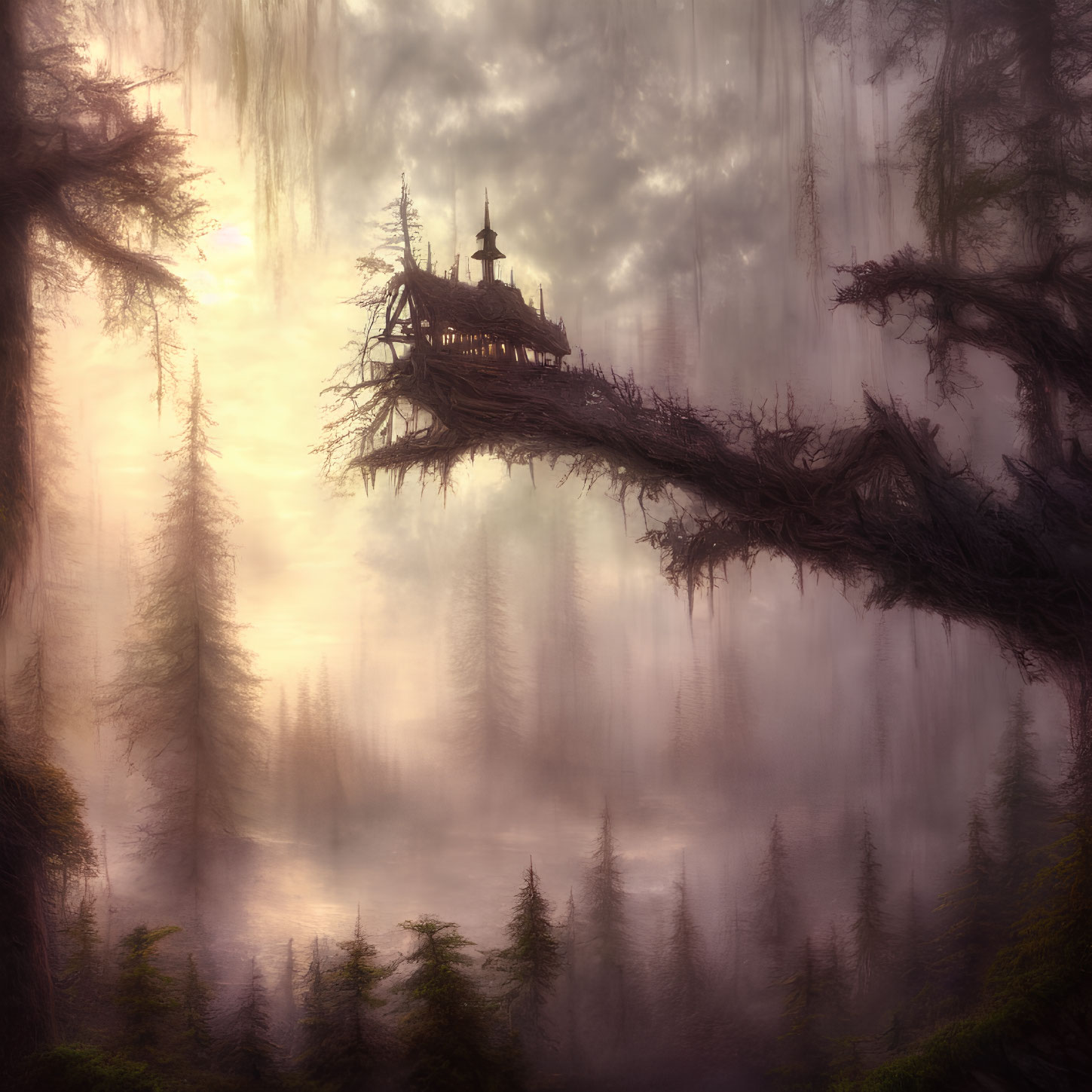 Misty forest with fantastical tree branch house in dreamlike setting