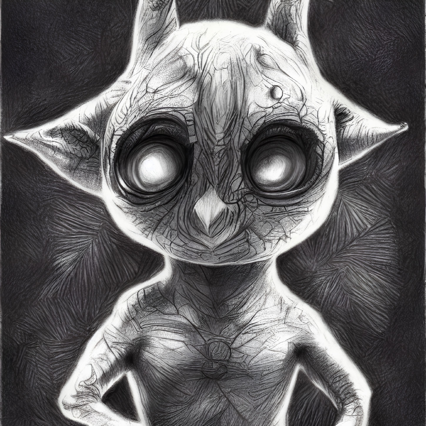 Monochromatic sketch of stylized alien creature with large eyes