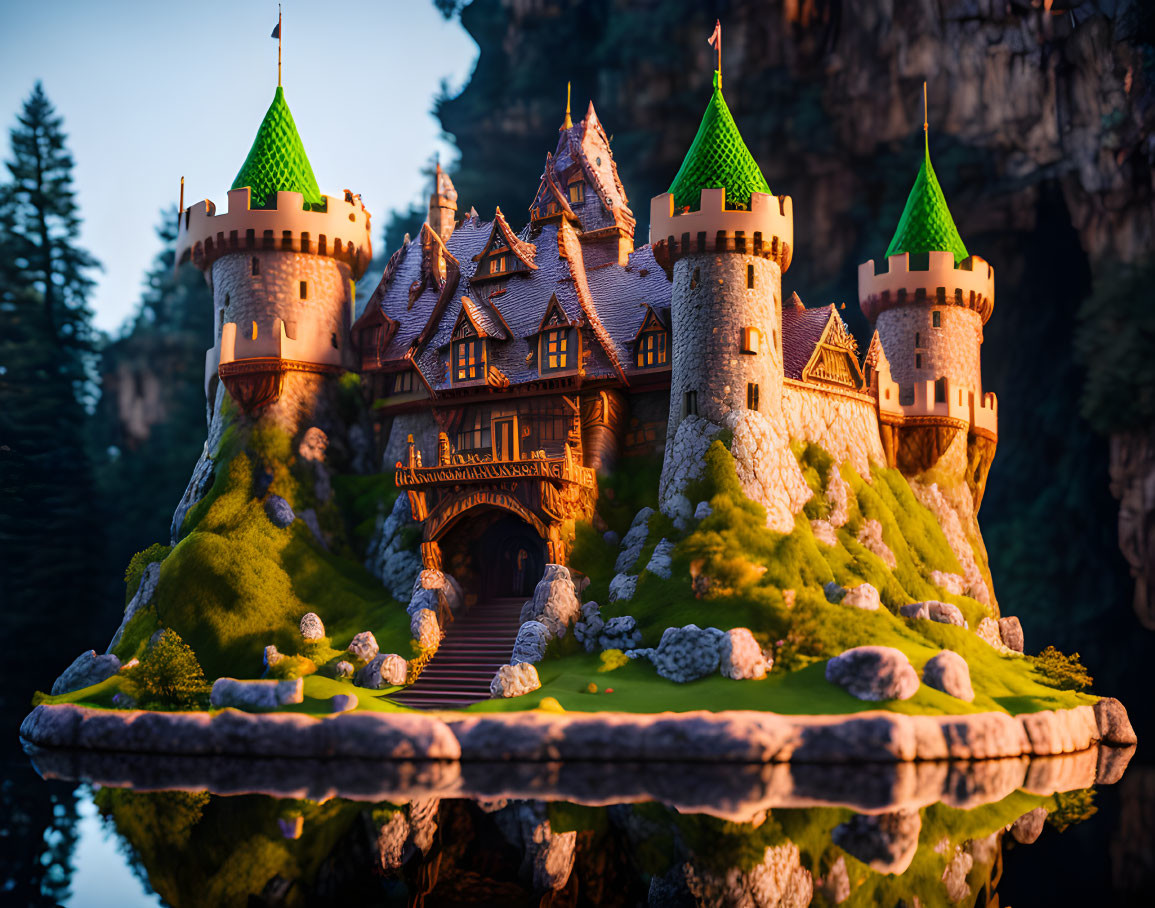 Miniature castle with green conical roofs on rocky outcrop in warm golden light.