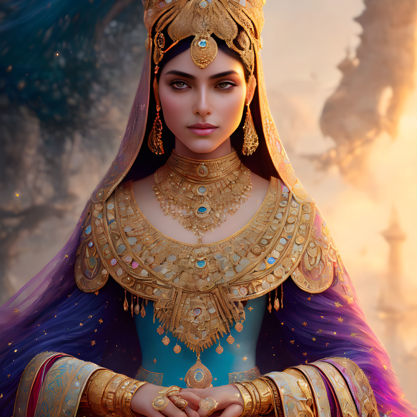 Regal Figure in Elaborate Golden Attire and Jewelry on Mystical Backdrop