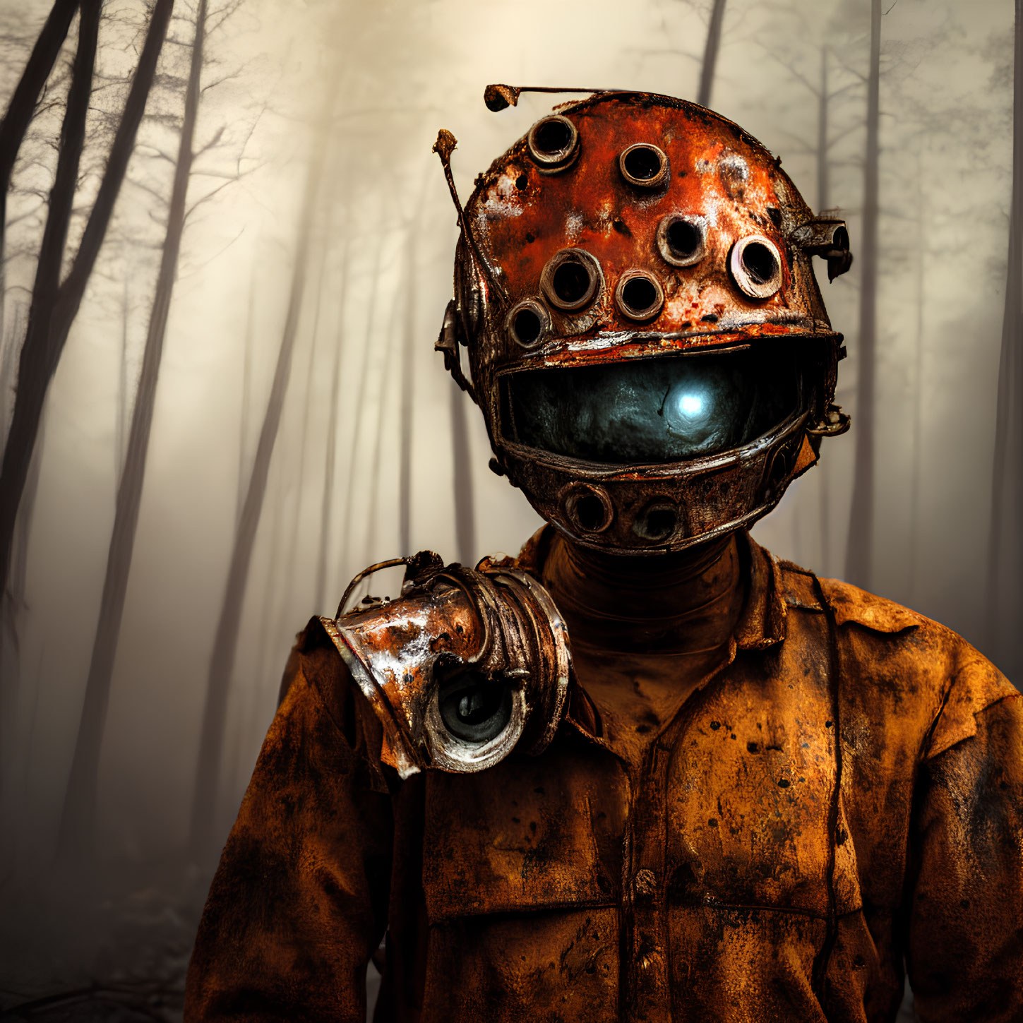 Rusty deep-sea diver's helmet and suit in foggy forest