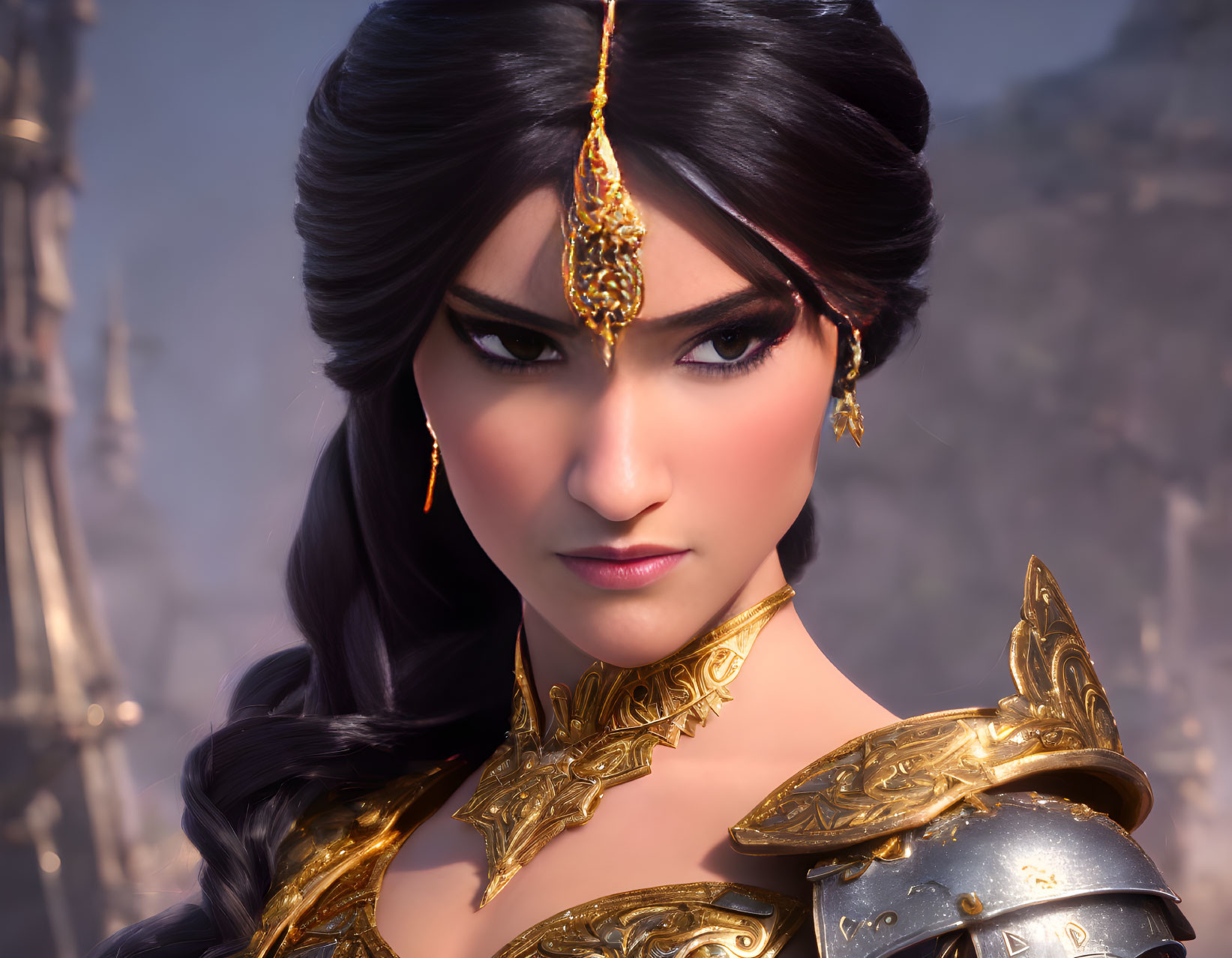 Detailed 3D Female Warrior in Ornate Golden Armor & Headpiece