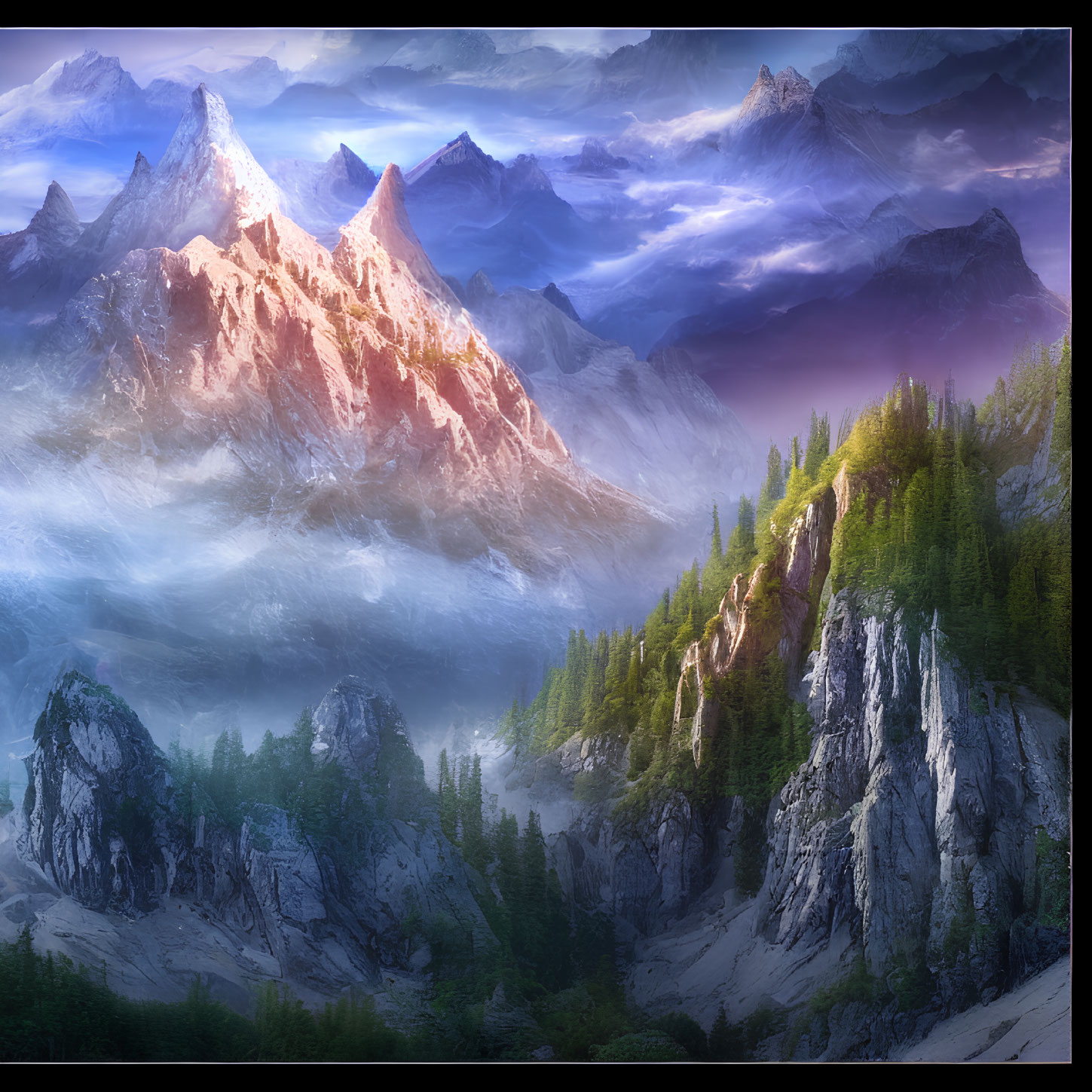 Ethereal landscape of sunlit snow-capped peaks and misty valleys