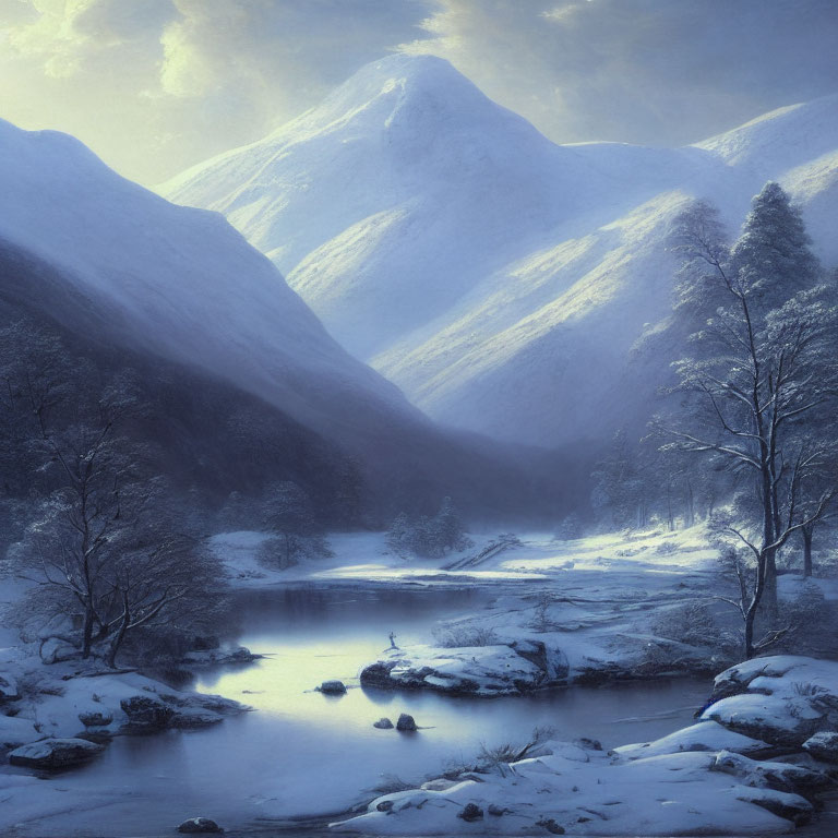 Snow-covered hills, bare trees, calm river in serene winter landscape