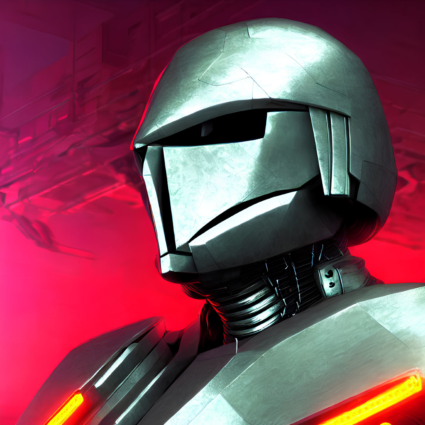 Futuristic helmet with glowing eyes and metallic armor on red background