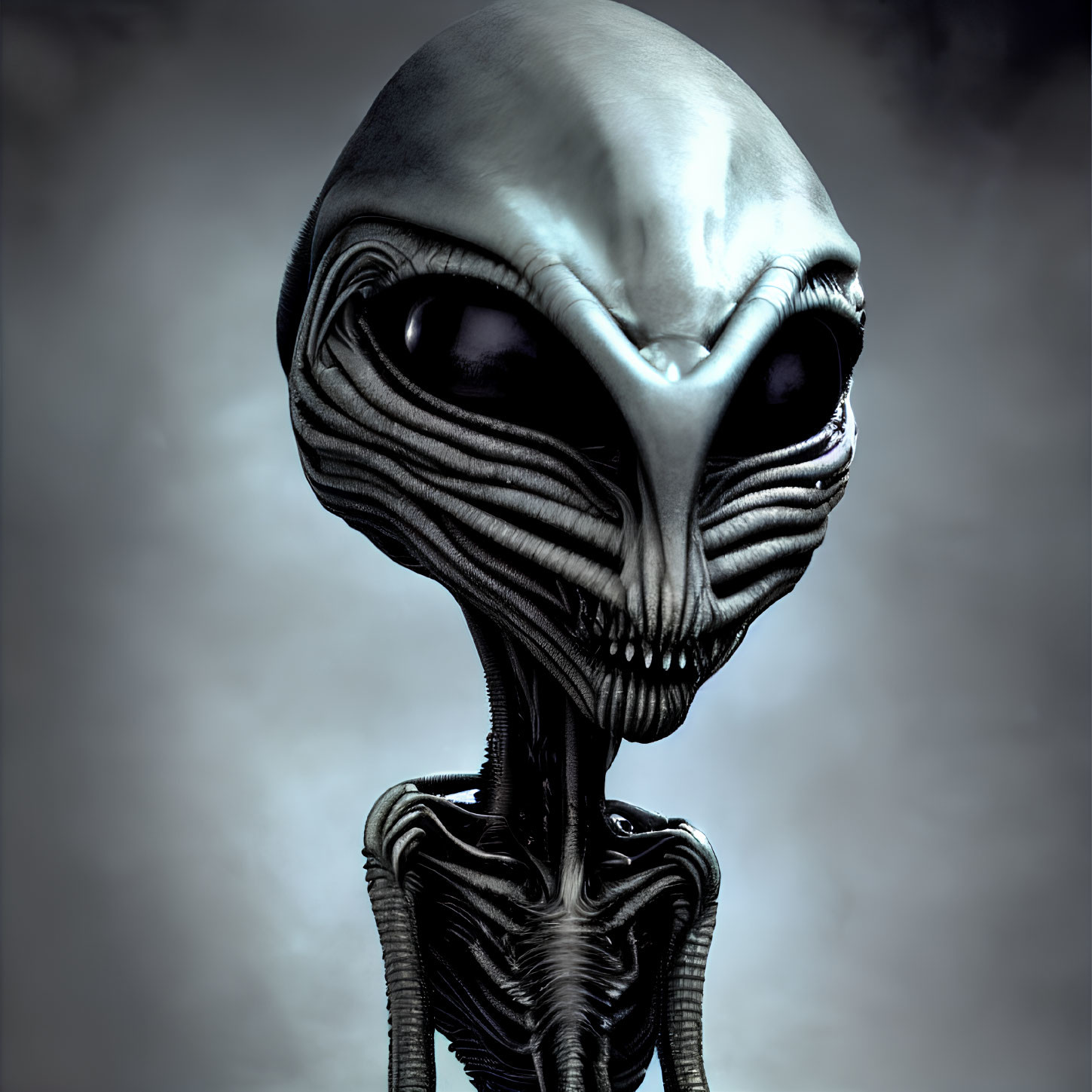 Detailed Digital Rendering of Extraterrestrial Being with Large Head and Black Eyes