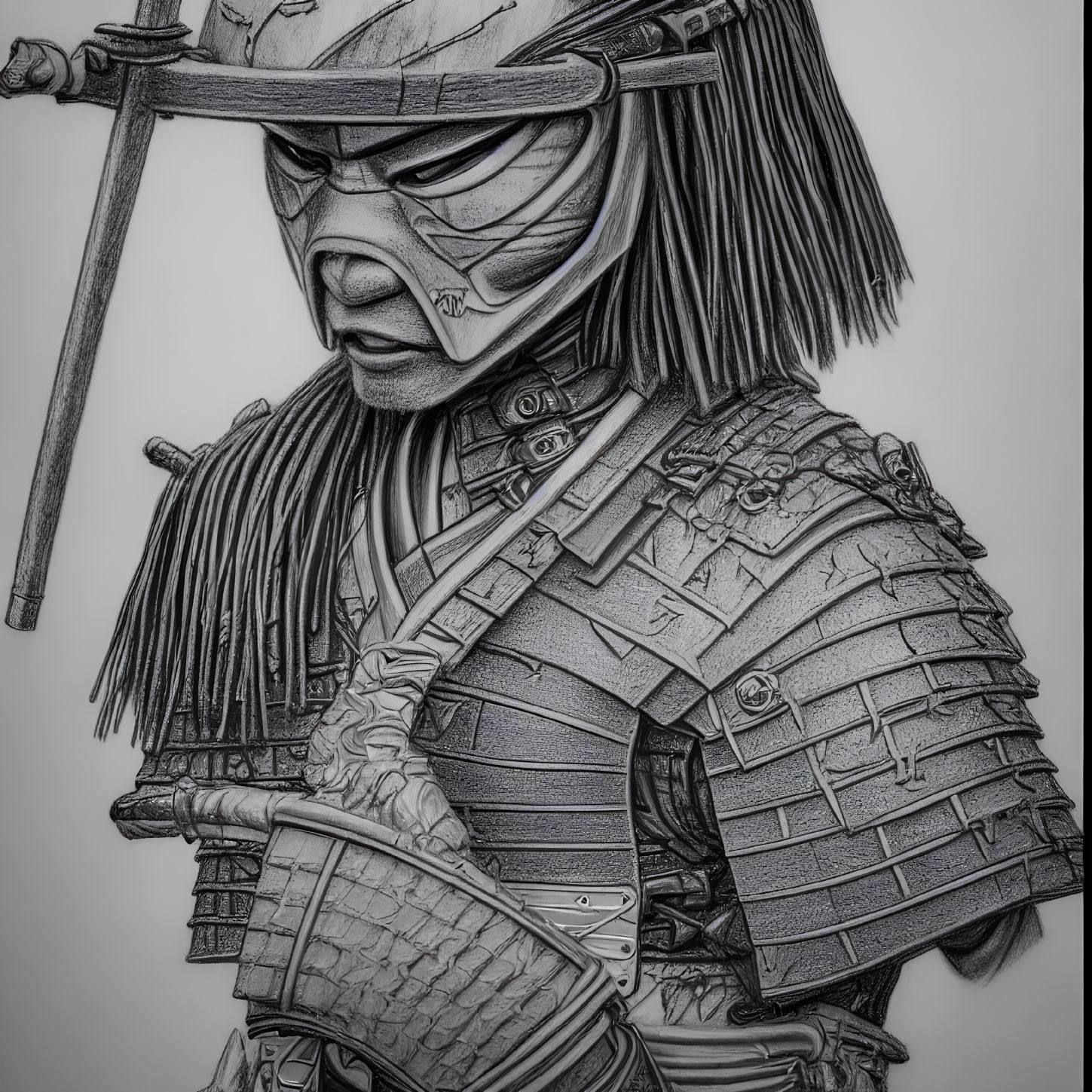 Detailed black and white samurai armor drawing with masked warrior and sword