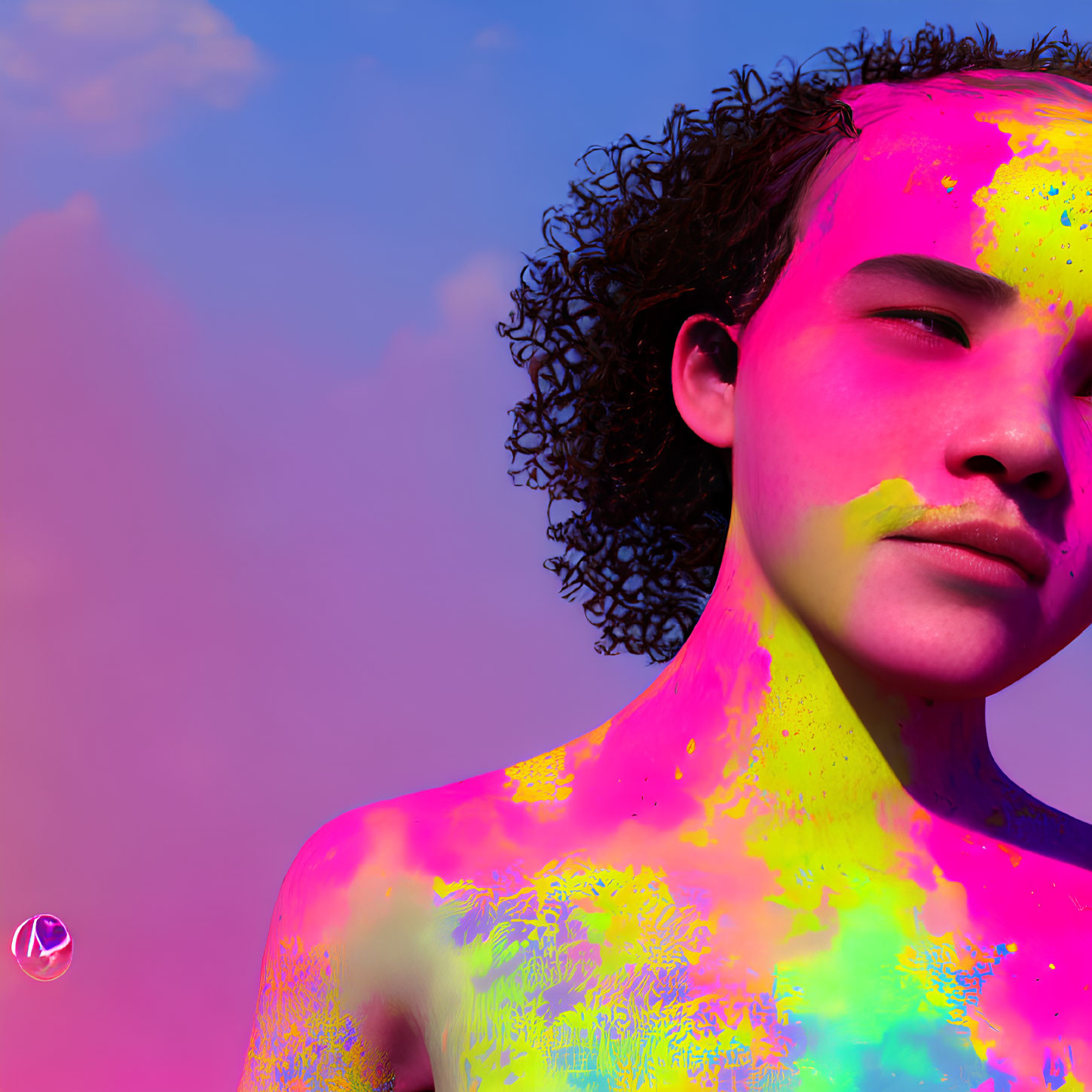 Vibrant neon paint splattered portrait against pink sky