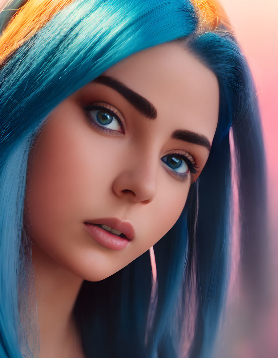 Vibrant blue hair and eyes on woman against gradient backdrop