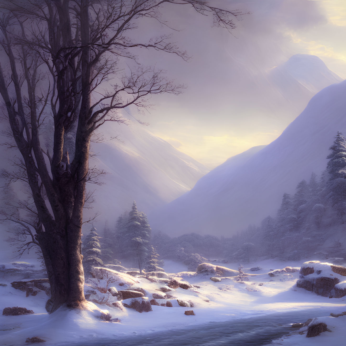 Snow-covered winter landscape with bare tree, stream, and misty mountains