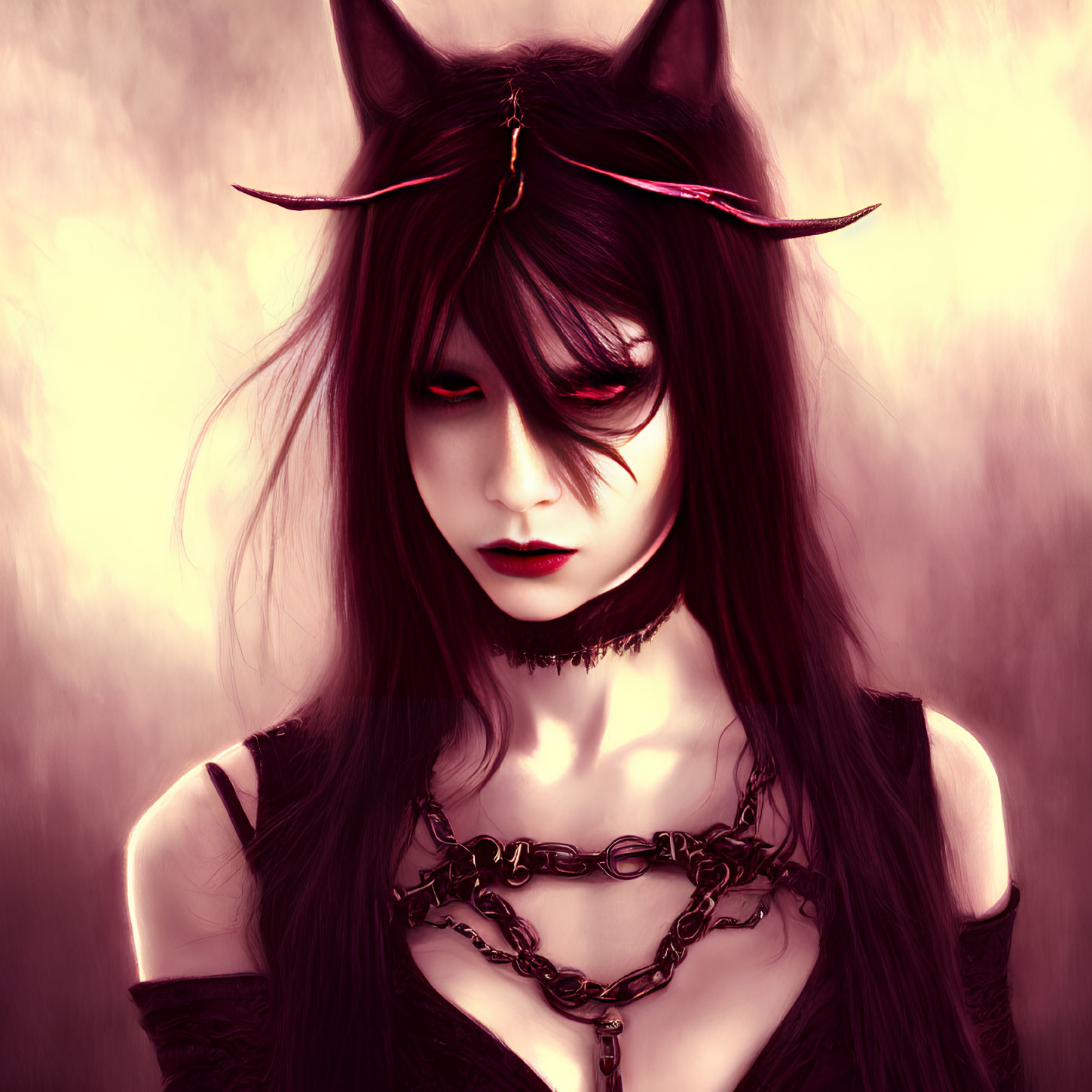 Dark-haired woman with red eyes and horn-like accessories in gothic style.