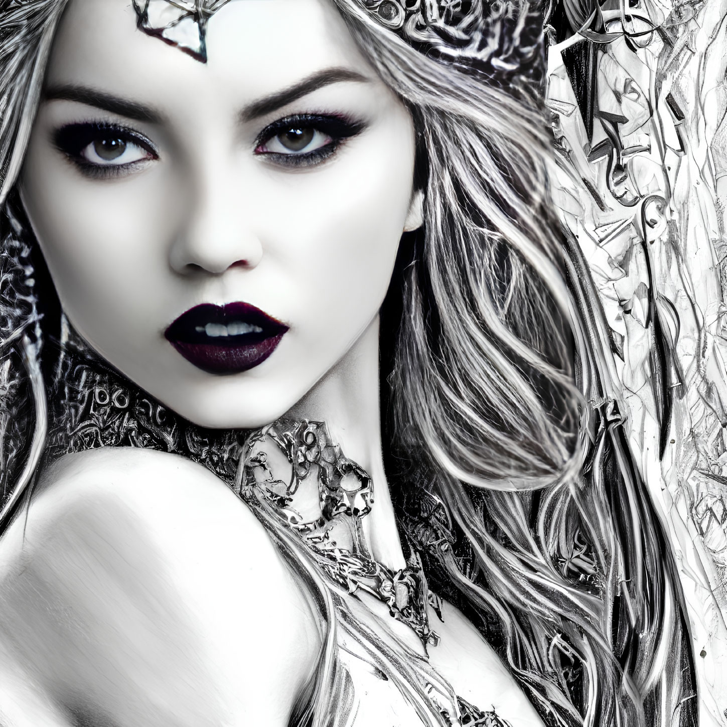 Monochrome portrait of woman with striking blue eyes and intricate metallic jewelry