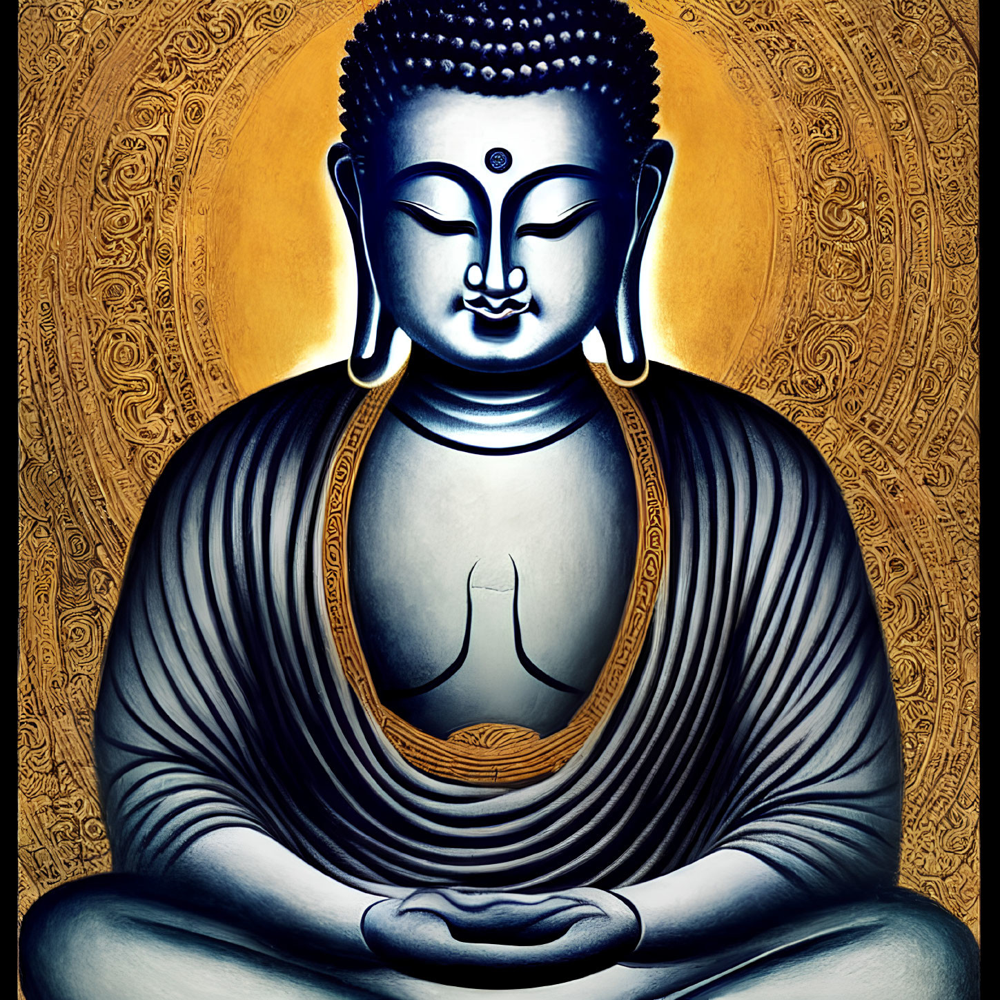 Blue-Skinned Meditating Buddha on Golden Ornate Background