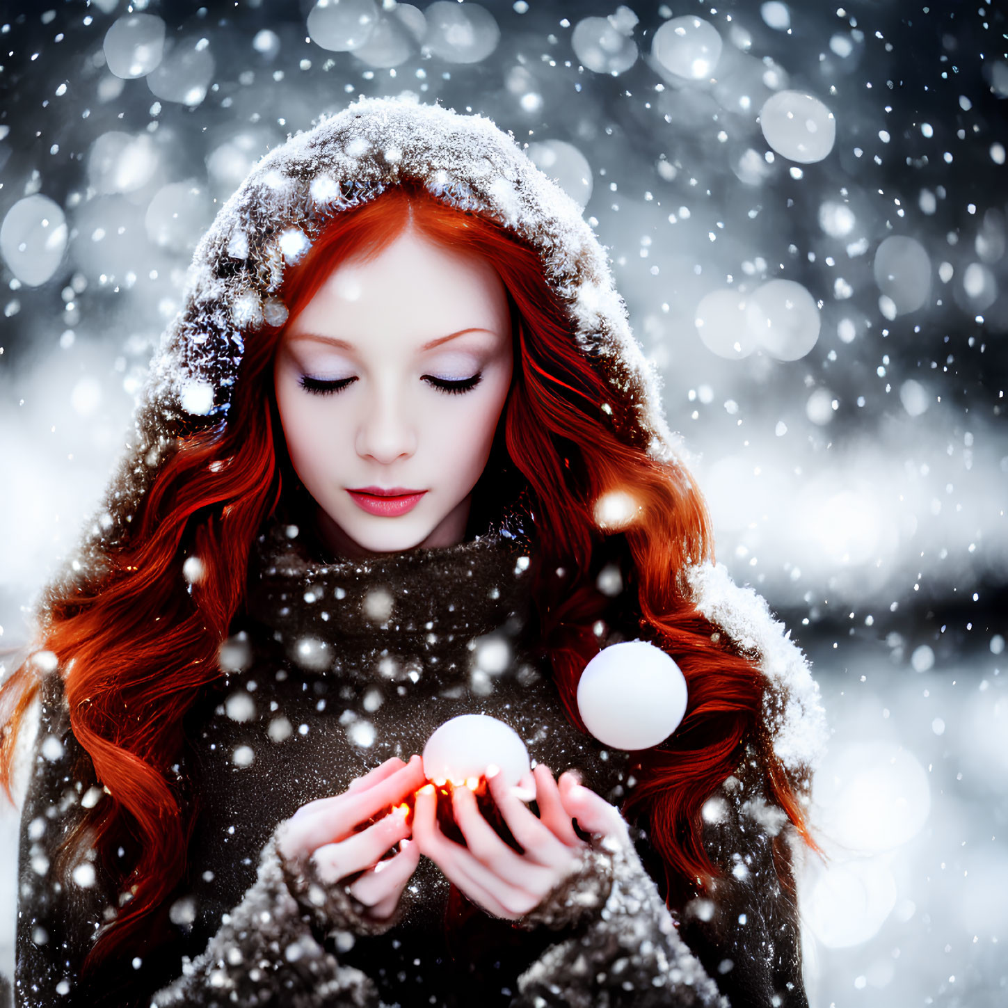 Red-haired woman with candle in snowfall, eyes closed