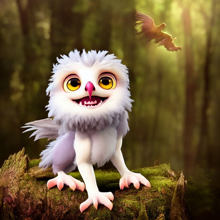 Fluffy white creature with yellow eyes and gray wings in forest scene.