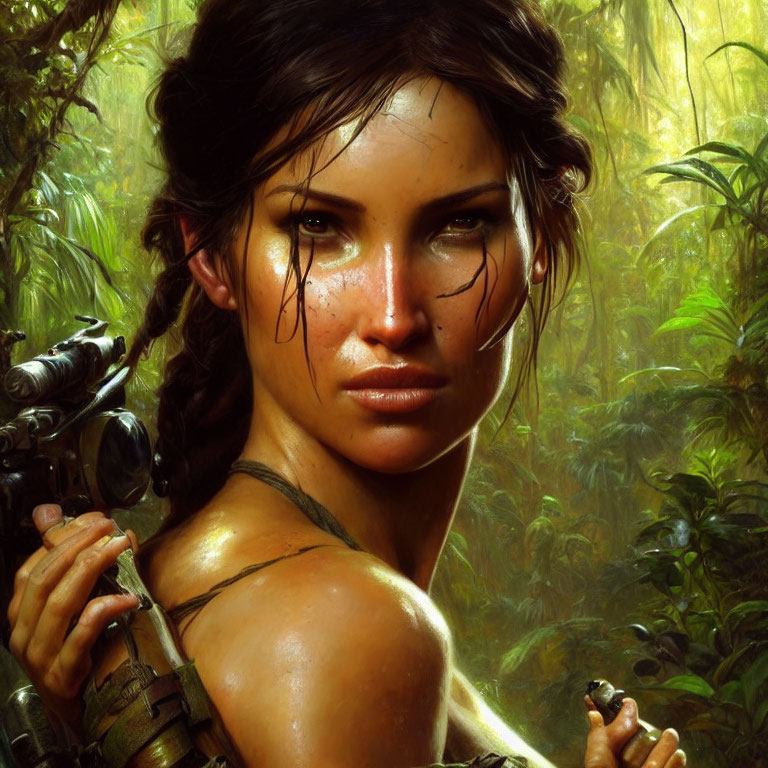 Detailed illustration of woman with braid, freckles, and face paint holding a bow in jungle