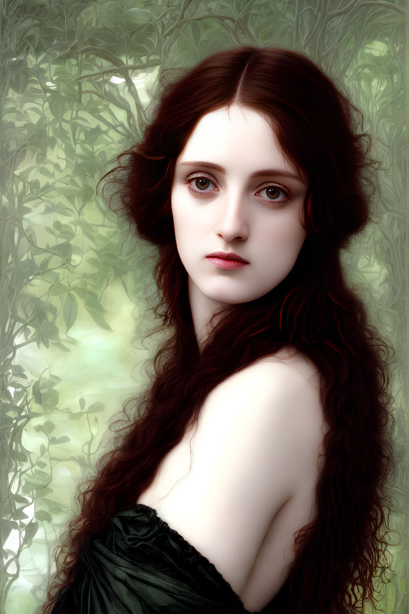 Portrait of woman with long wavy hair and large eyes in dark dress against leafy backdrop