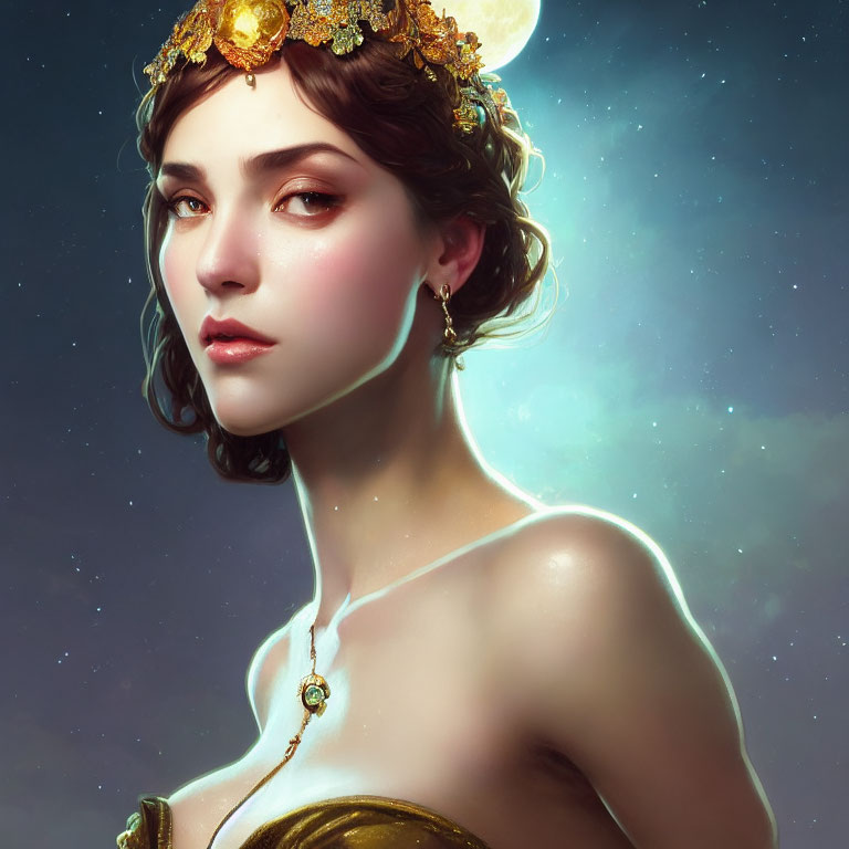 Woman portrait with ethereal glow and golden jewelry on starry backdrop