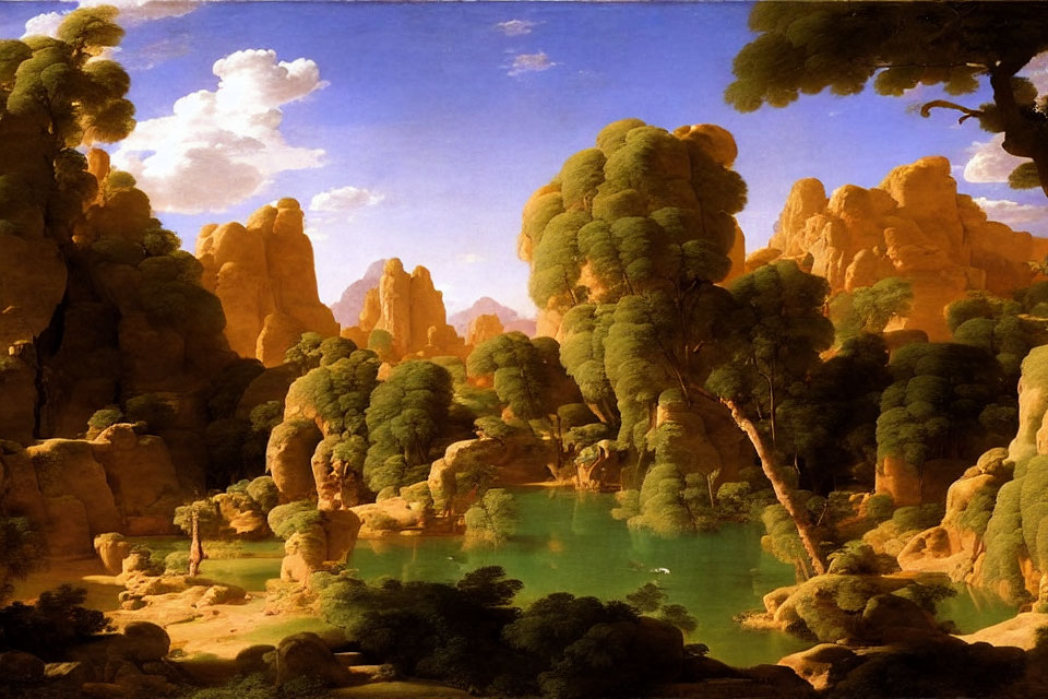 Serene forest landscape with towering trees, lake, and rock formations