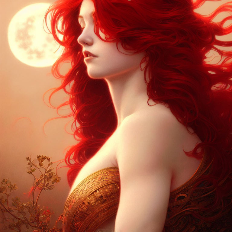 Digital artwork: Woman with red hair & gold tattoos under red moon