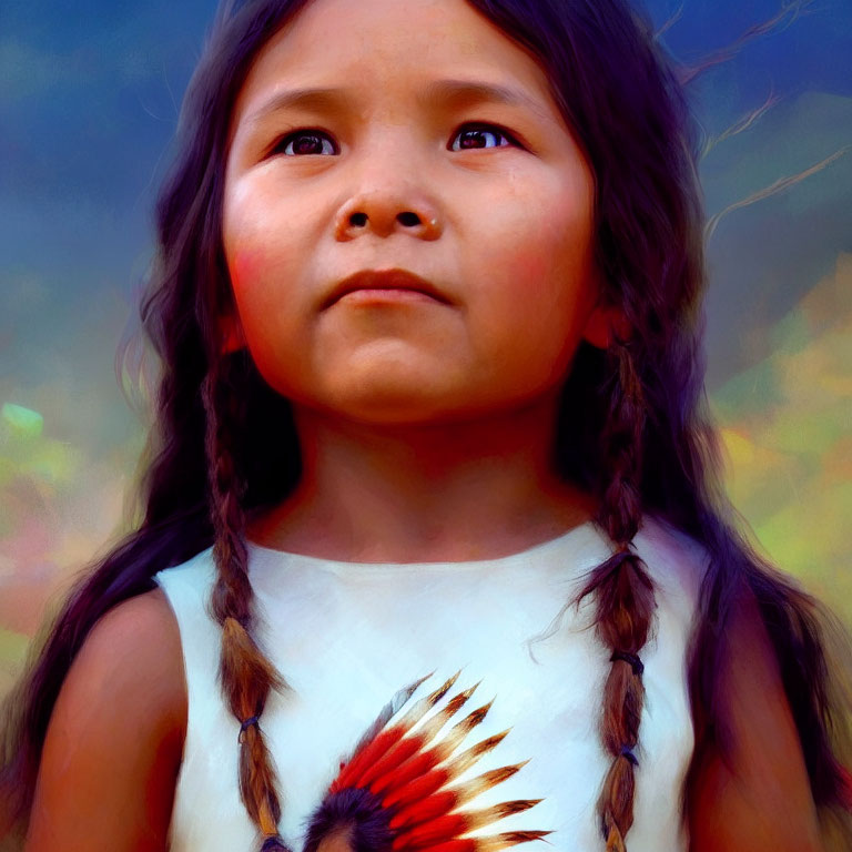 Young girl in braided hair and white dress gazes contemplatively against colorful backdrop