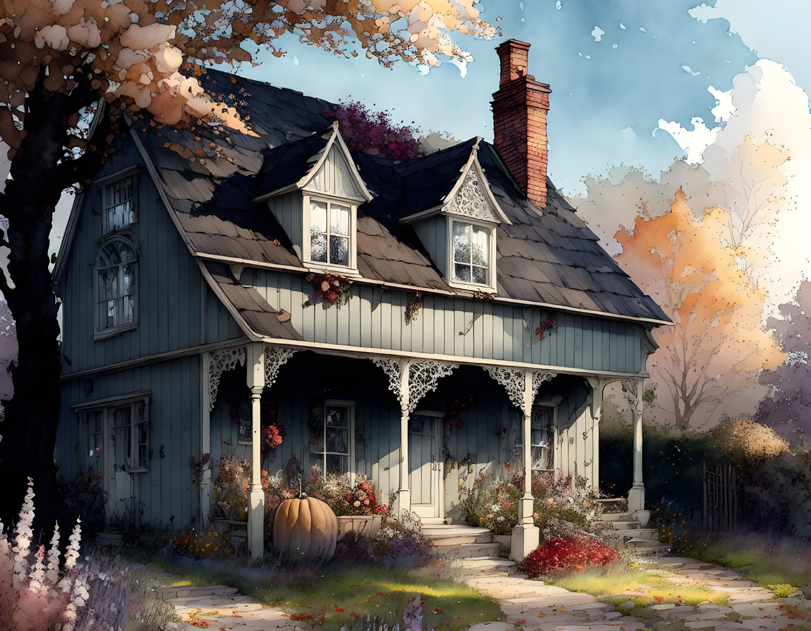 Blue Cottage Surrounded by Autumn Foliage and Pumpkin