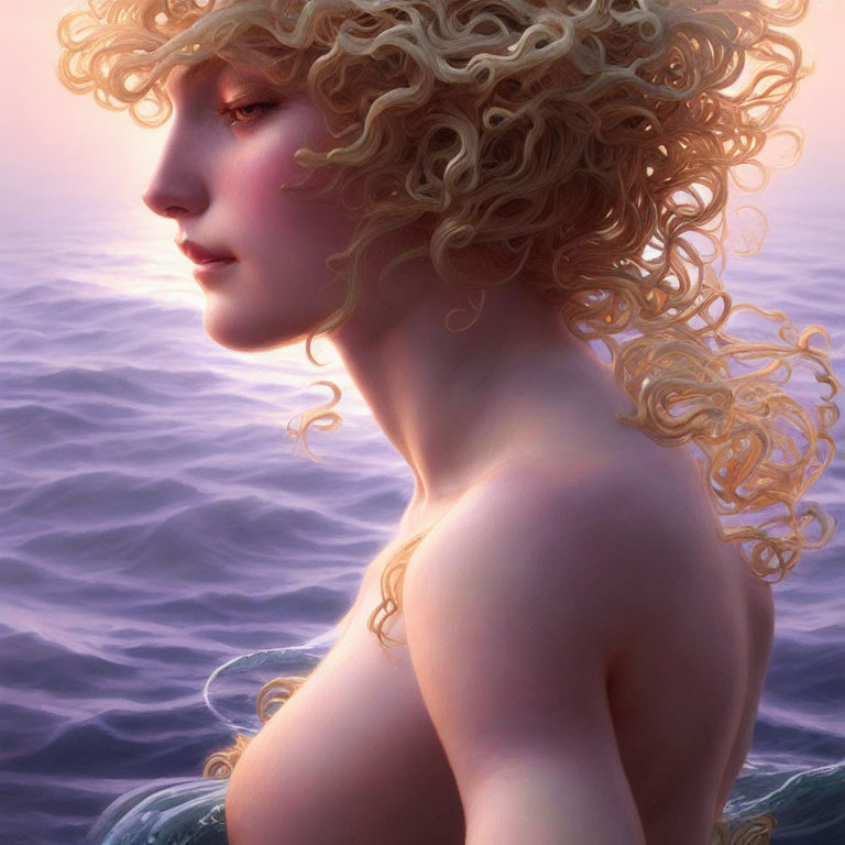 Blonde Woman with Curly Hair in Purple Seascape at Sunrise or Sunset