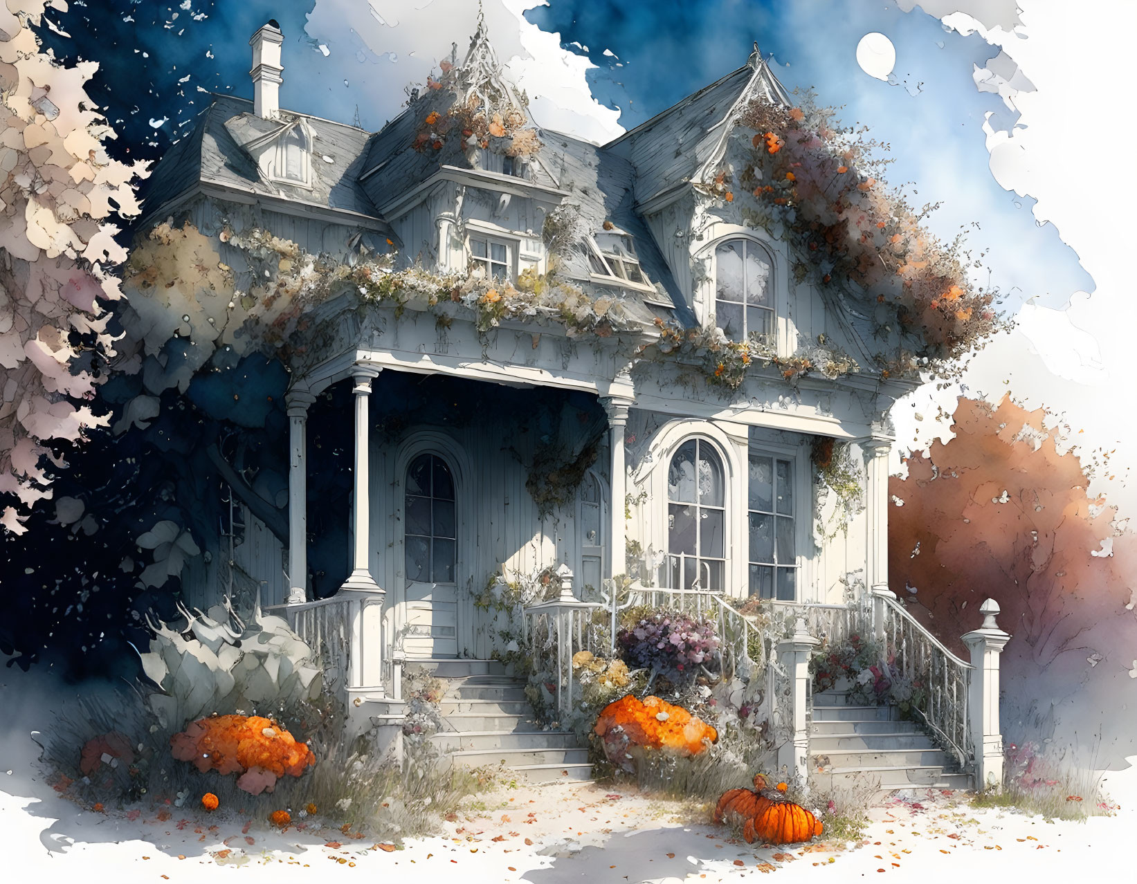 Autumn-themed watercolor painting of a two-story house with pumpkins and fall foliage