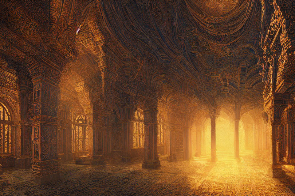 Ornate grand hall with warm golden light and arches