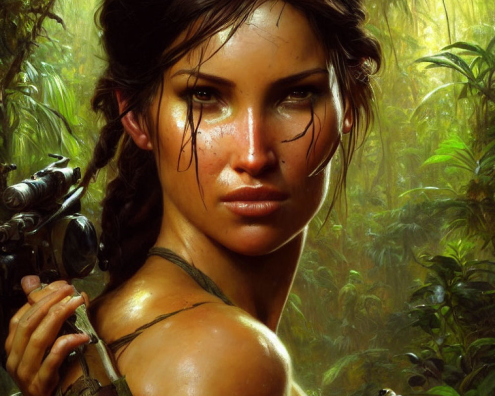 Detailed illustration of woman with braid, freckles, and face paint holding a bow in jungle