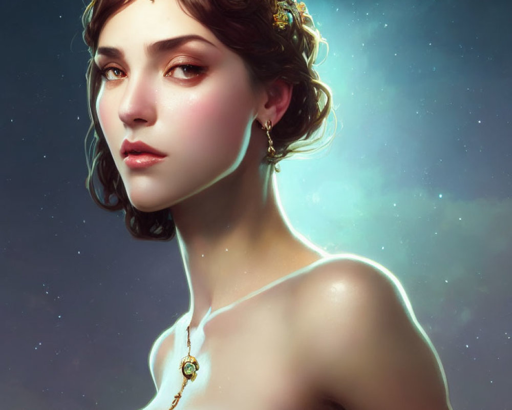 Woman portrait with ethereal glow and golden jewelry on starry backdrop