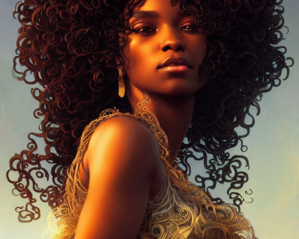 Woman with Voluminous Curly Hair in Sunlit Portrait