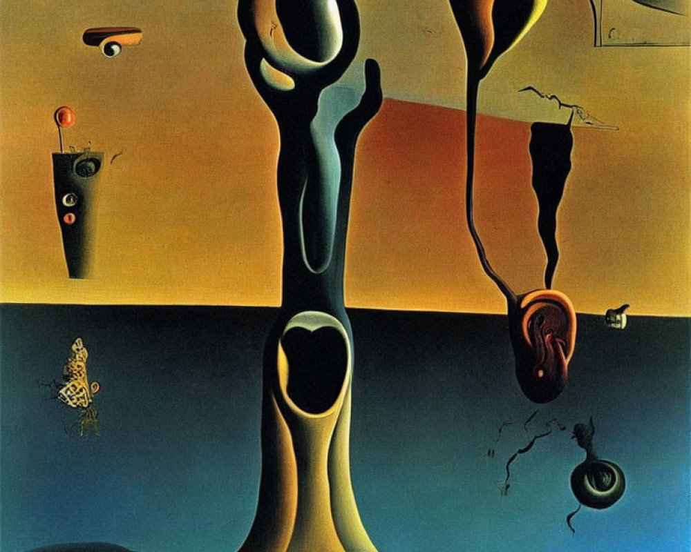 Surreal painting: melting objects, elongated shadows, blue-orange sky