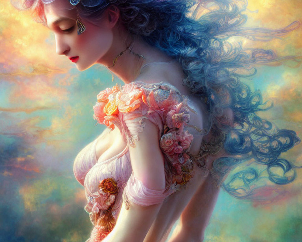 Fantasy illustration: Woman with blue and purple wavy hair, floral dress