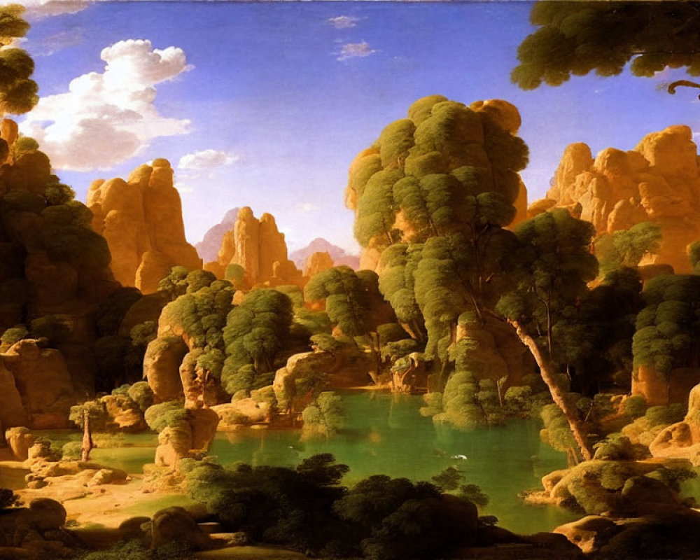 Serene forest landscape with towering trees, lake, and rock formations