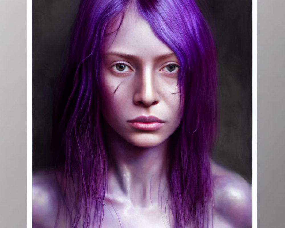 Portrait of person with purple hair and intense gaze on muted background