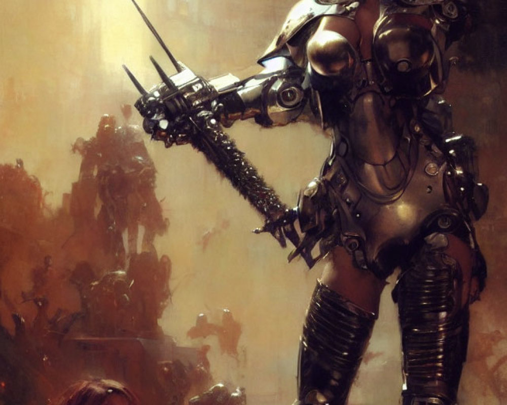 Futuristic warrior woman in robotic armor with bladed weapon on battlefield