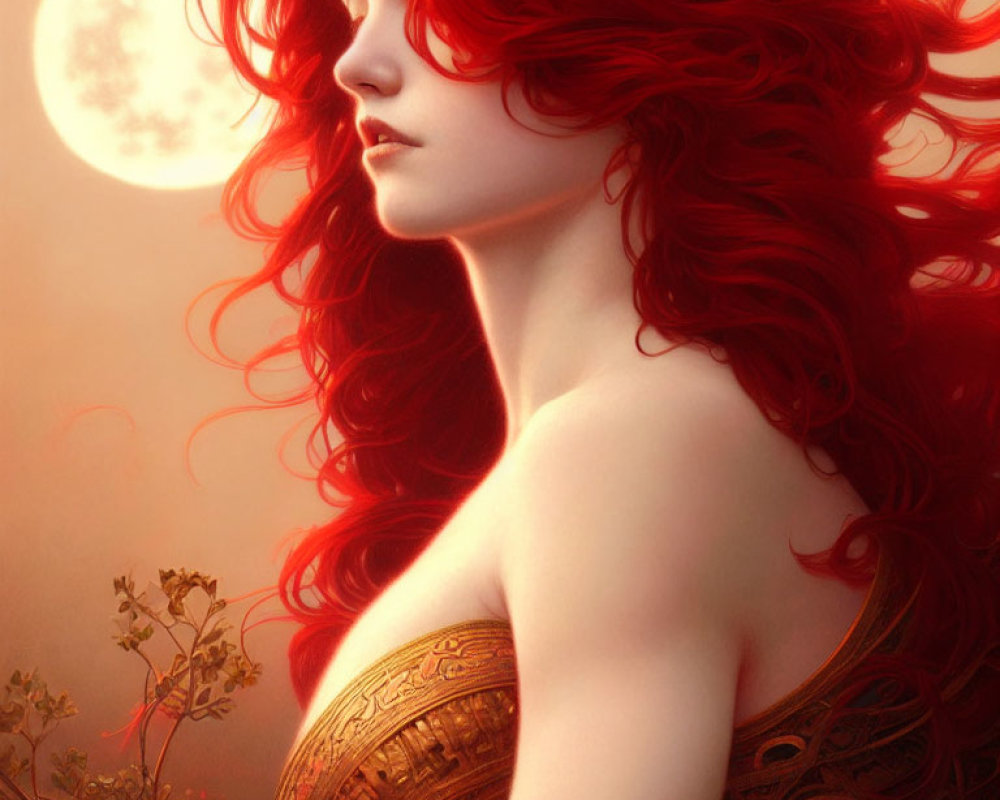 Digital artwork: Woman with red hair & gold tattoos under red moon