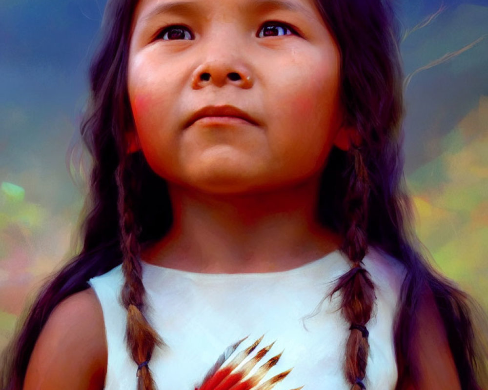 Young girl in braided hair and white dress gazes contemplatively against colorful backdrop