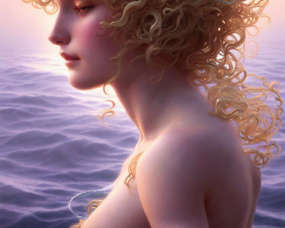 Blonde Woman with Curly Hair in Purple Seascape at Sunrise or Sunset