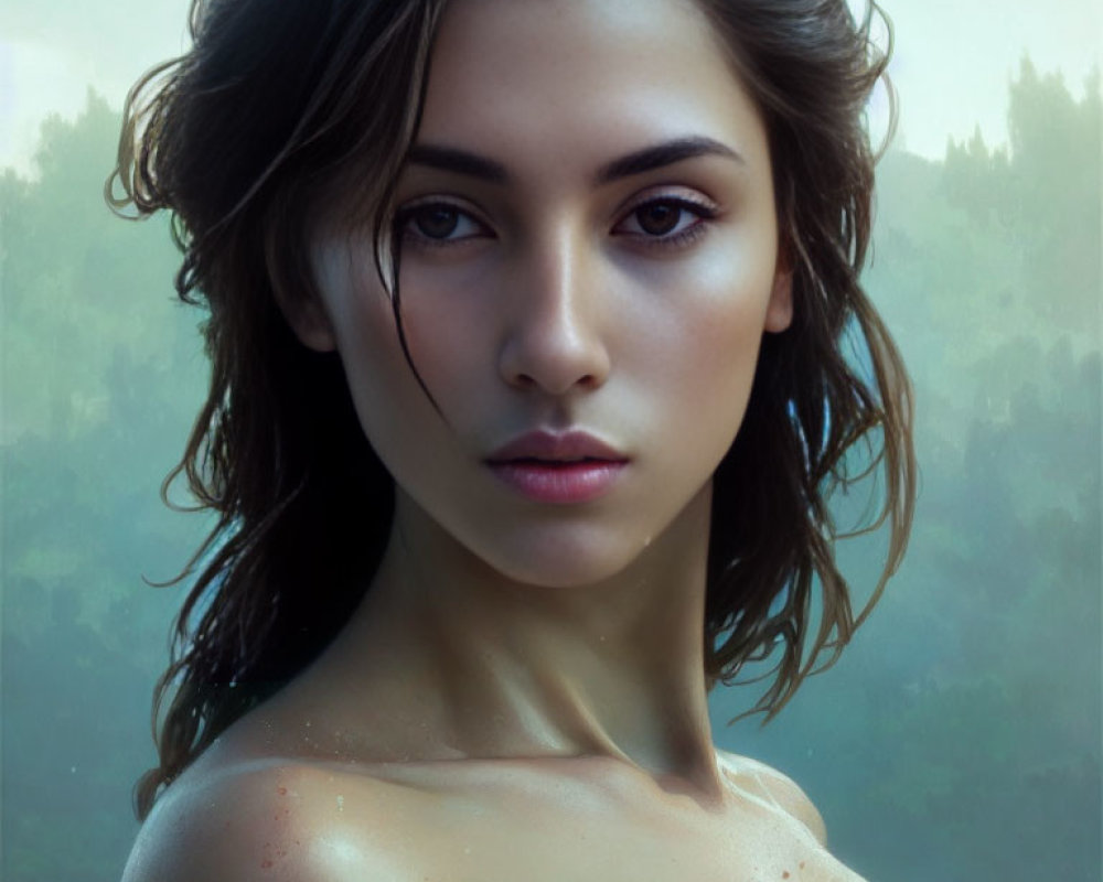 Serene woman portrait with wet hair and intense gaze