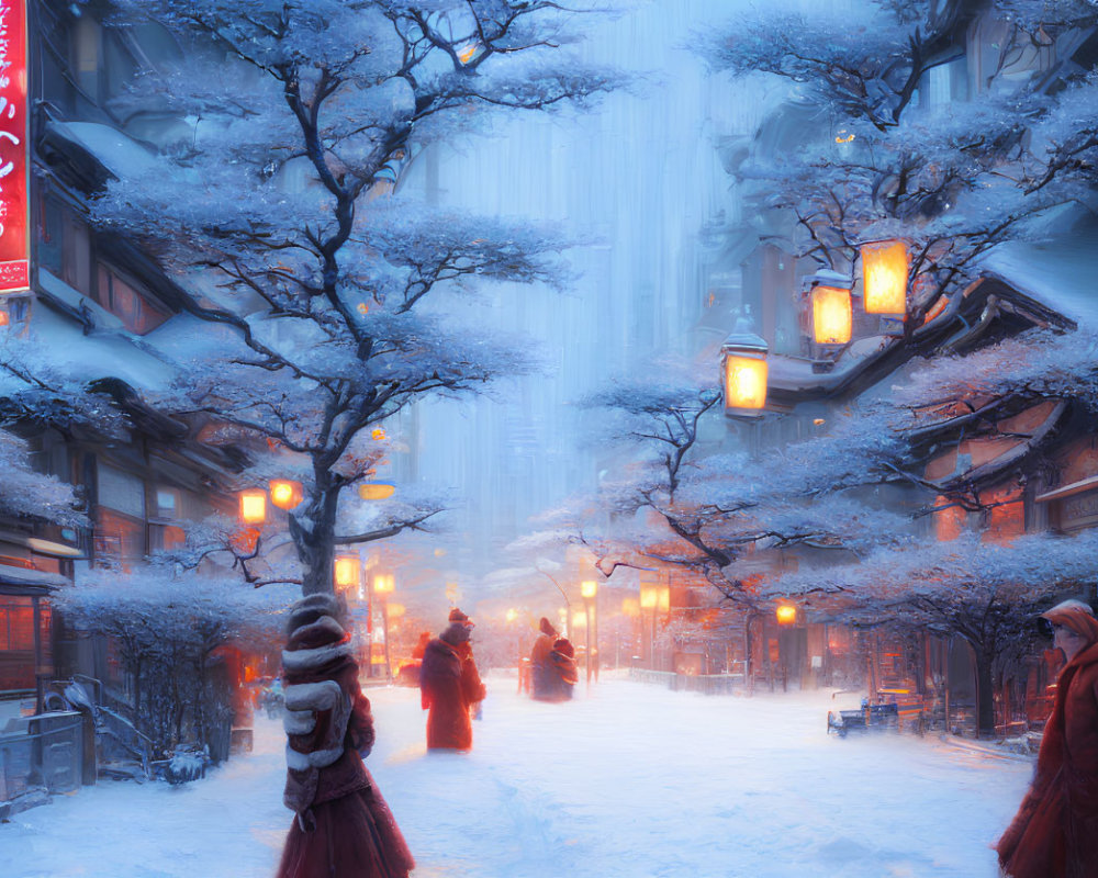 Winter scene: Snow-covered street, lantern-lit buildings, red-cloaked figures, serene snowy