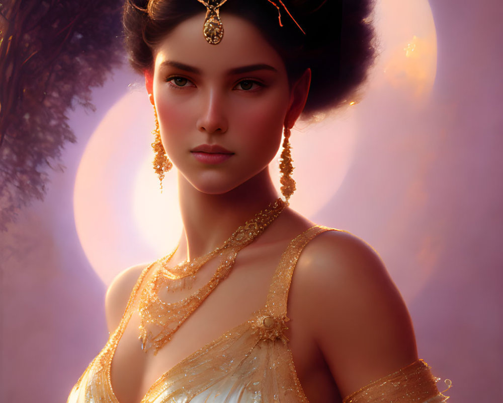 Elaborate headdress and golden jewelry on poised woman against soft backdrop