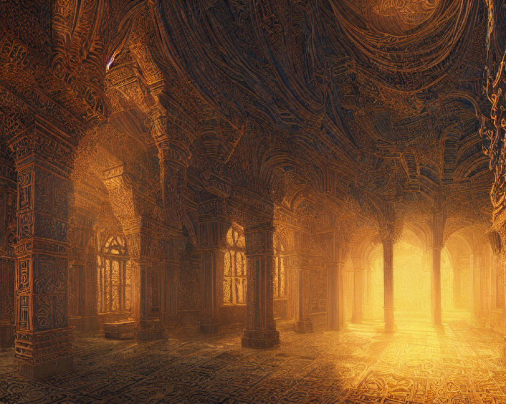 Ornate grand hall with warm golden light and arches