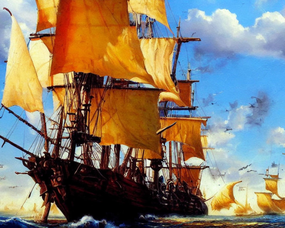 Historic naval scene: tall ships with full sails on sunlit sea